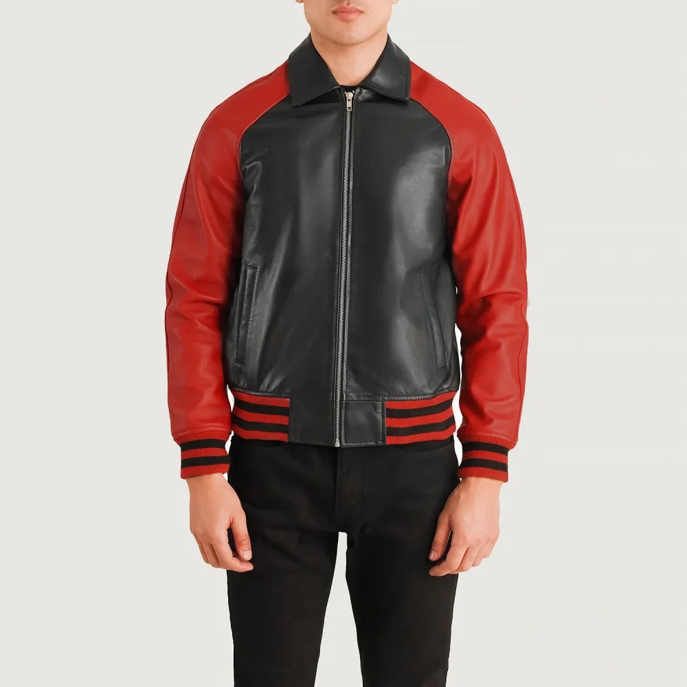 WALTON BLACK & RED LEATHER VARSITY JACKET-reviseleather