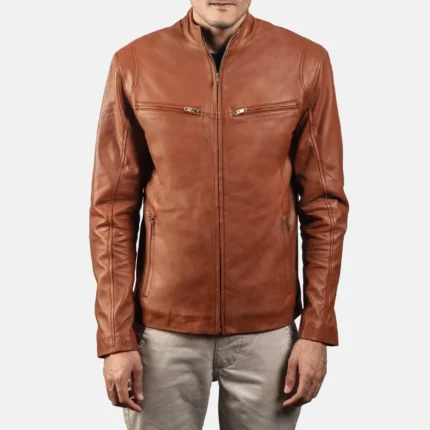 IONIC TAN BROWN LEATHER BIKER JACKET-reviseleather