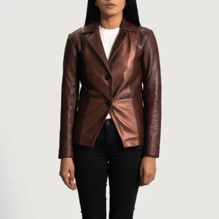 Ruby Metallic Maroon Leather Blazer-reviseleather