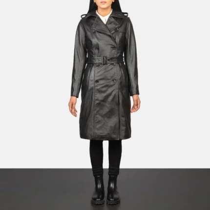 Alice Black Double Breasted Leather Coat-reviseleather