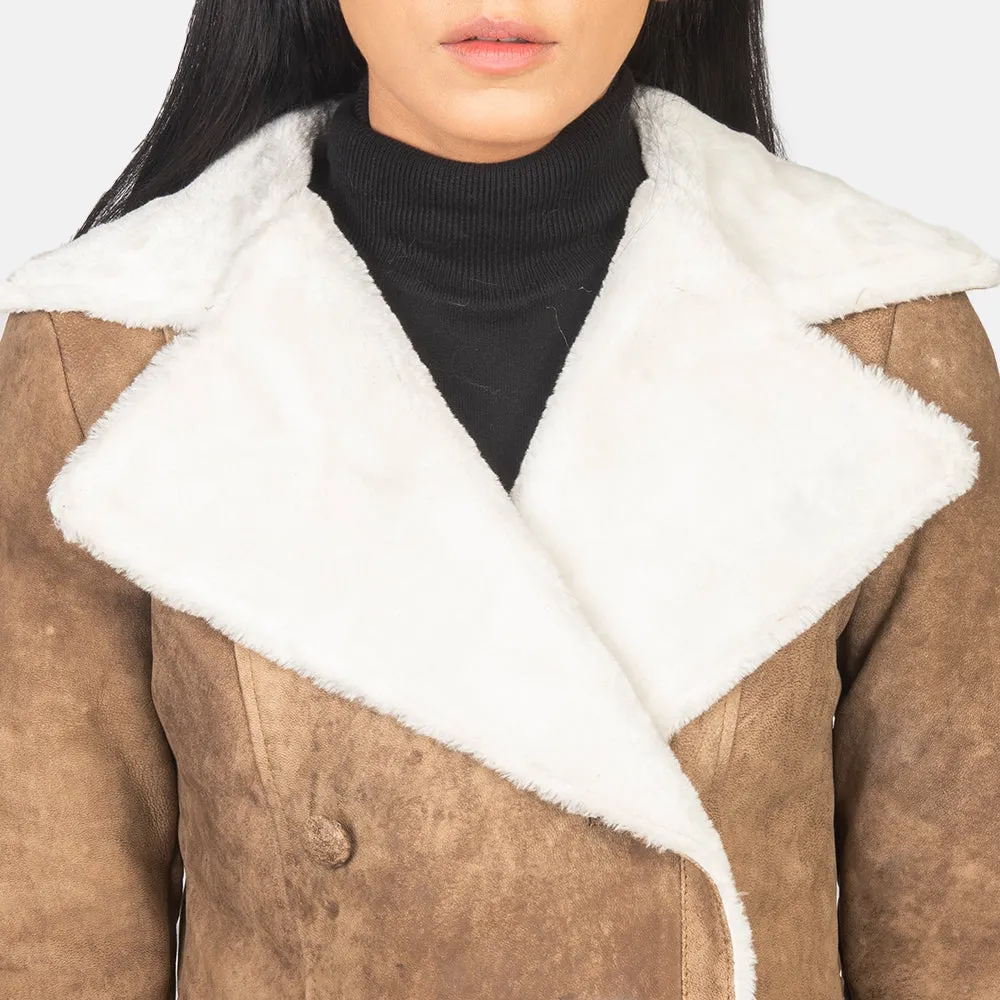 Amie Distressed Brown Double Breasted Shearling Coat-reviseleather
