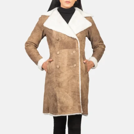 Amie Distressed Brown Double Breasted Shearling Coat-reviseleather