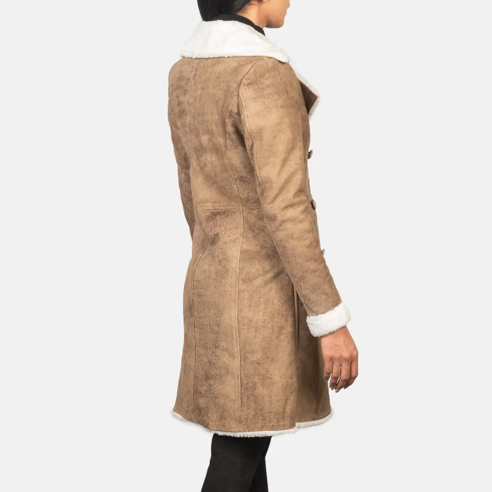 Amie Distressed Brown Double Breasted Shearling Coat-reviseleather