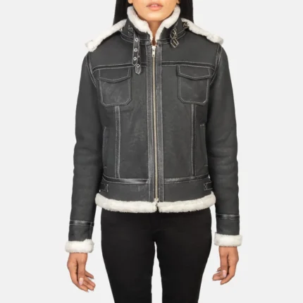 Fiona Black Hooded Shearling Leather Jacket-reviseleather