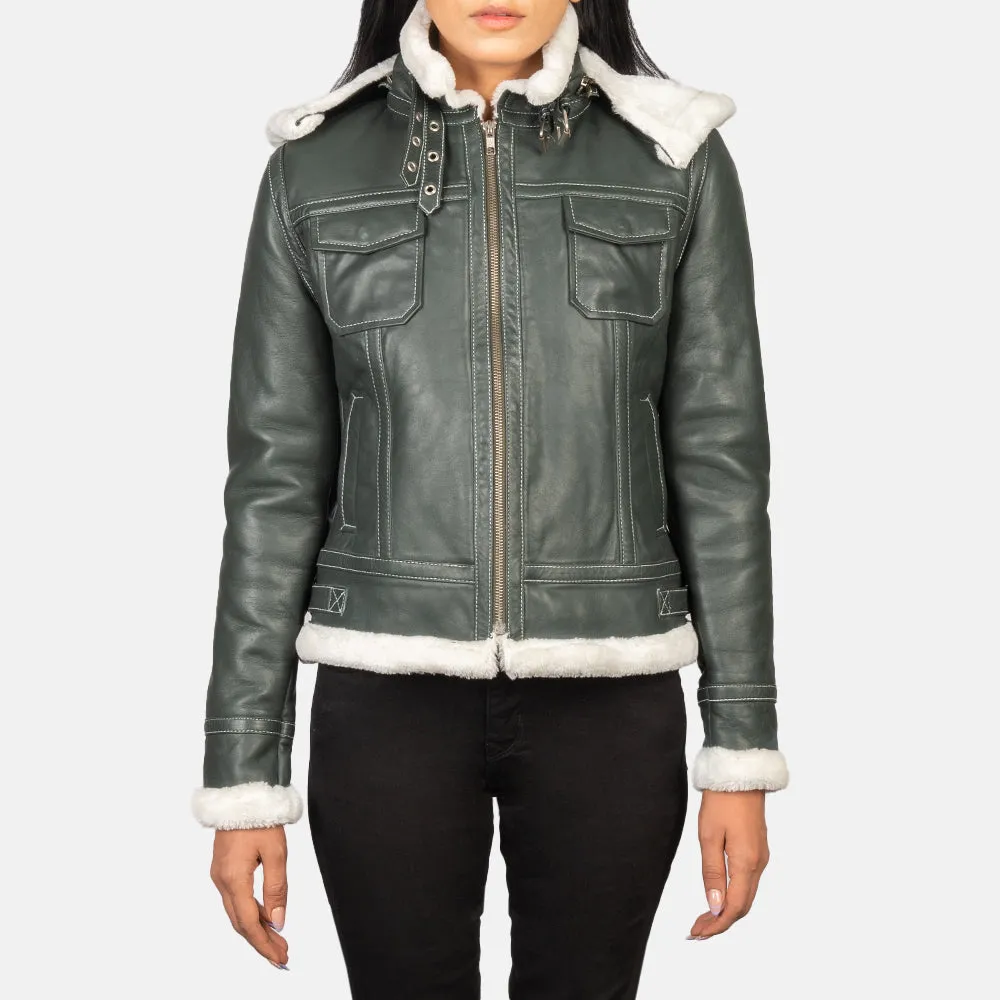 Fiona Green Hooded Shearling Leather Jacket-reviseleather