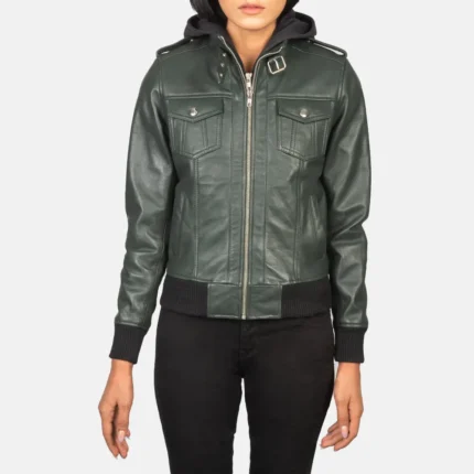 Roslyn Green Hooded Leather Bomber Jacket-reviseleather