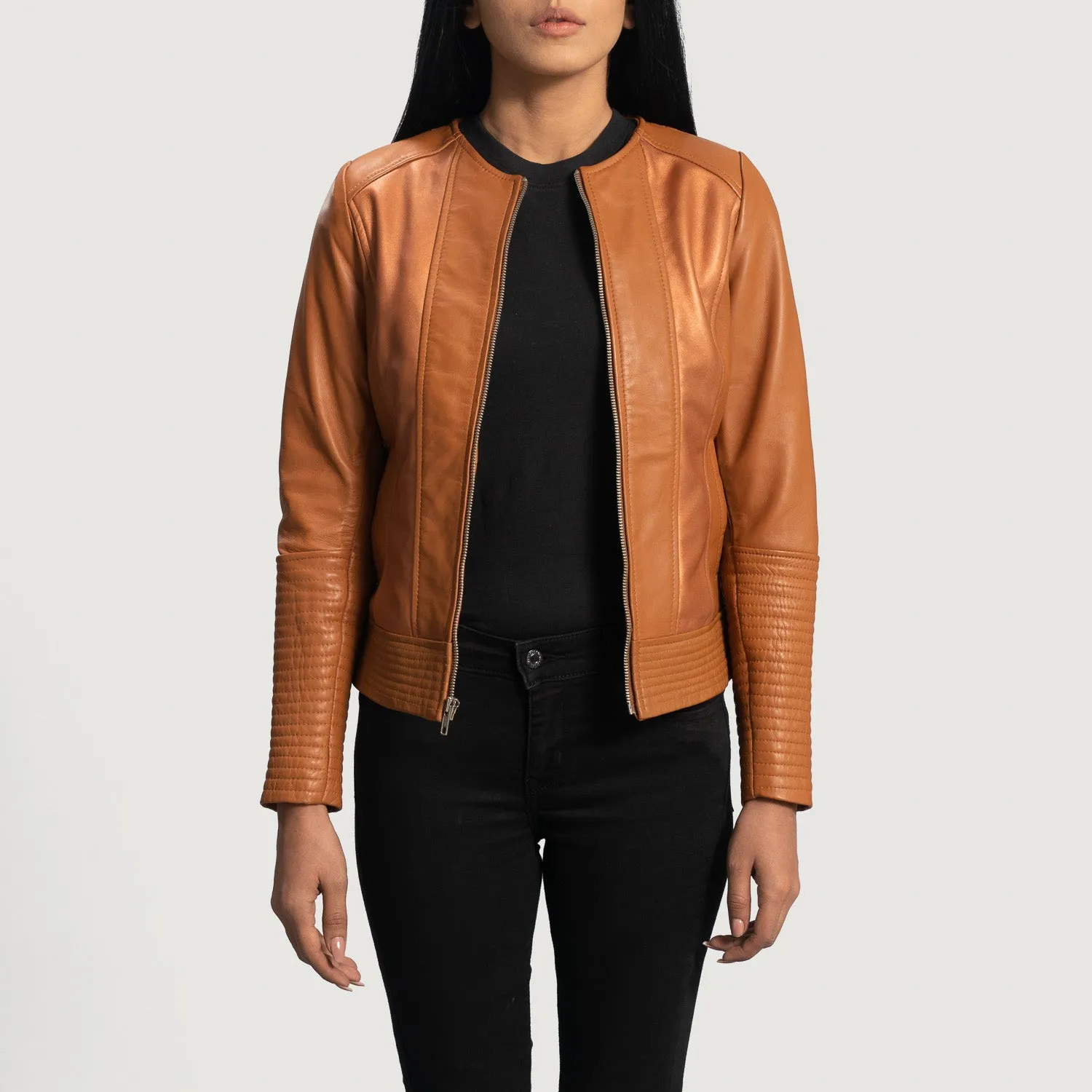 Sleeky Clean Tan Leather Biker Jacket-reviseleather