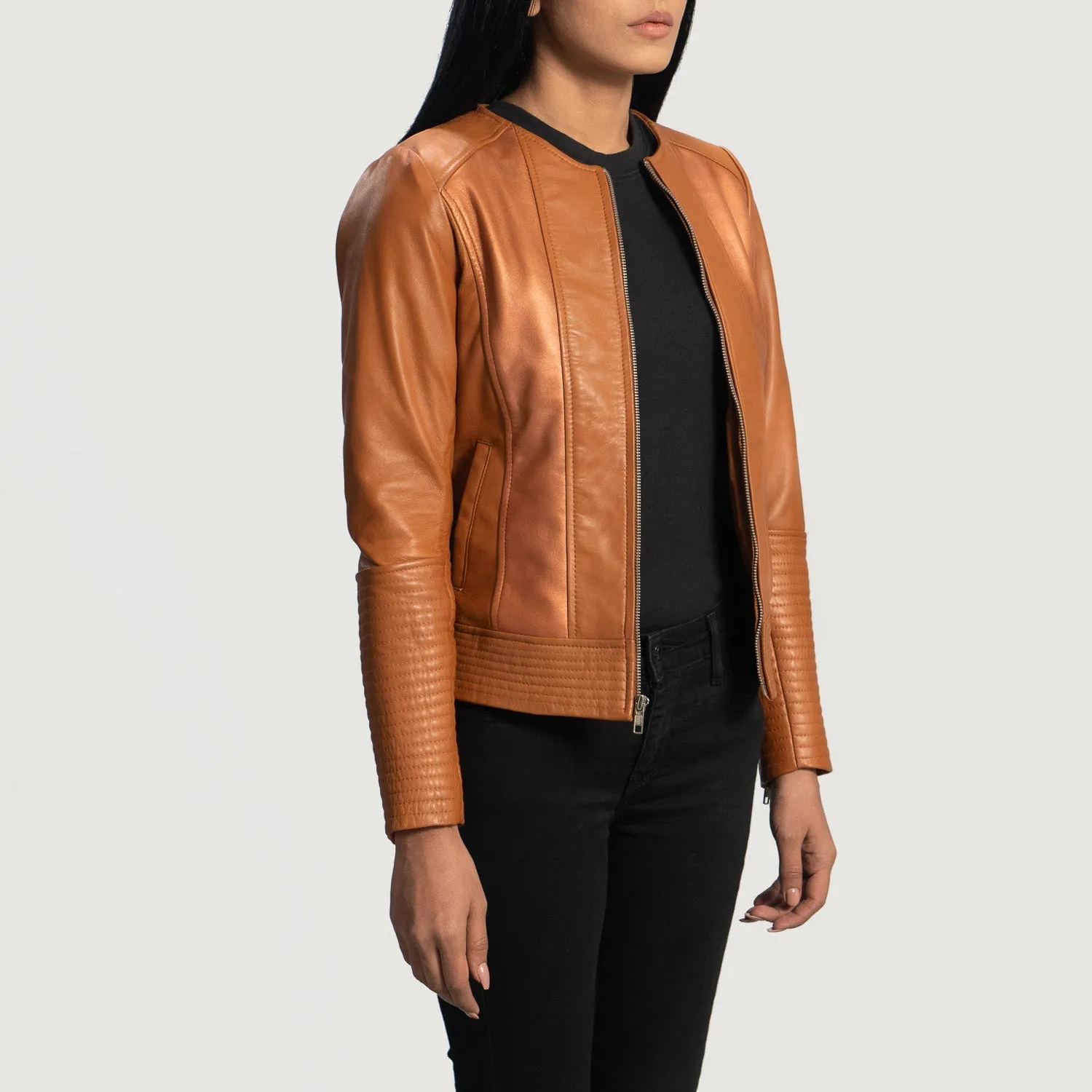 Sleeky Clean Tan Leather Biker Jacket-reviseleather