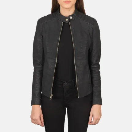 Kelsee Distressed Black Leather Biker Jacket-reviseleather