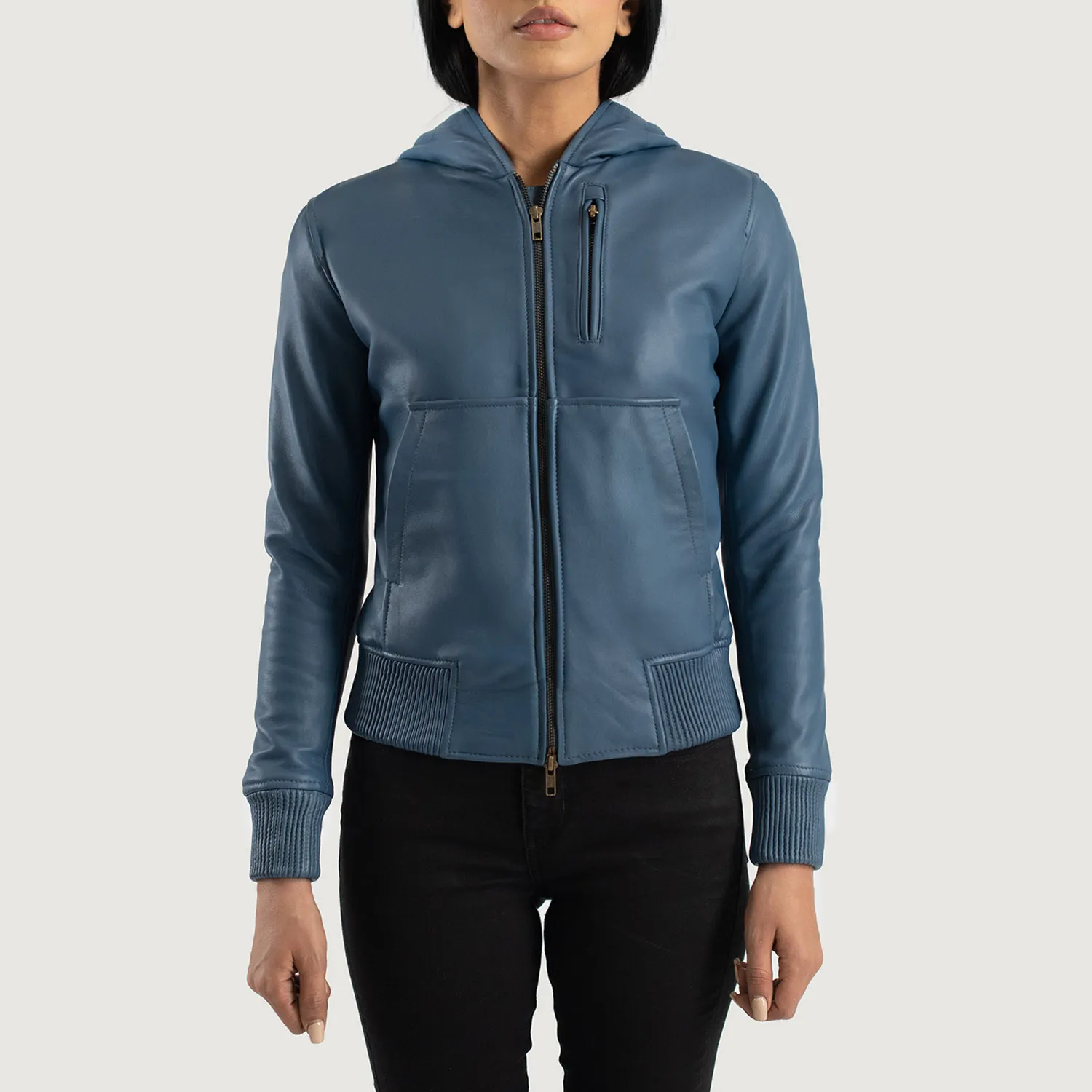 Luna Blue Hooded Leather Bomber Jacket-reviseleather