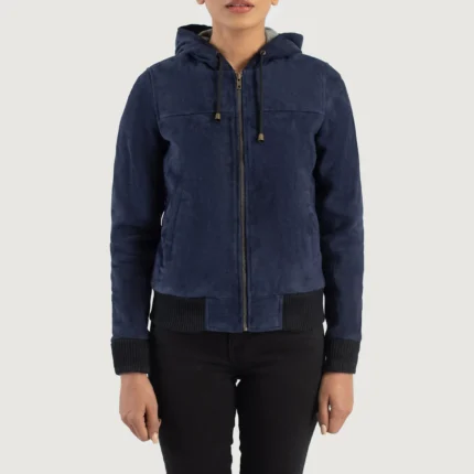 Rebella Blue Hooded Suede Bomber Jacket-reviseleather