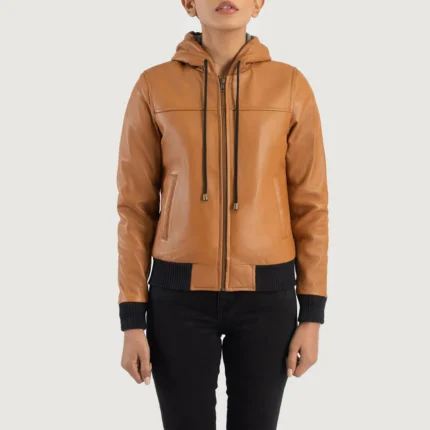 Rebella Brown Hooded Leather Bomber Jacket-reviseleather