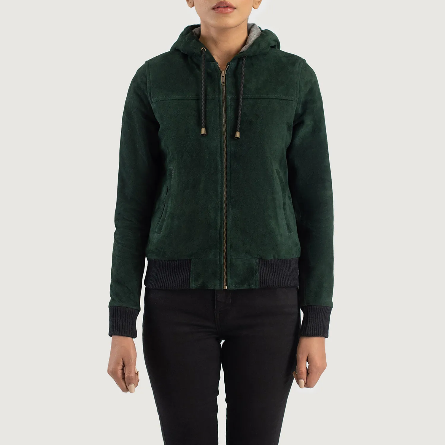 Rebella Green Hooded Suede Bomber Jacket-reviseleather