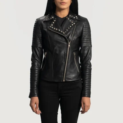 Sally Mae Studded Black Leather Biker Jacket-reviseleather