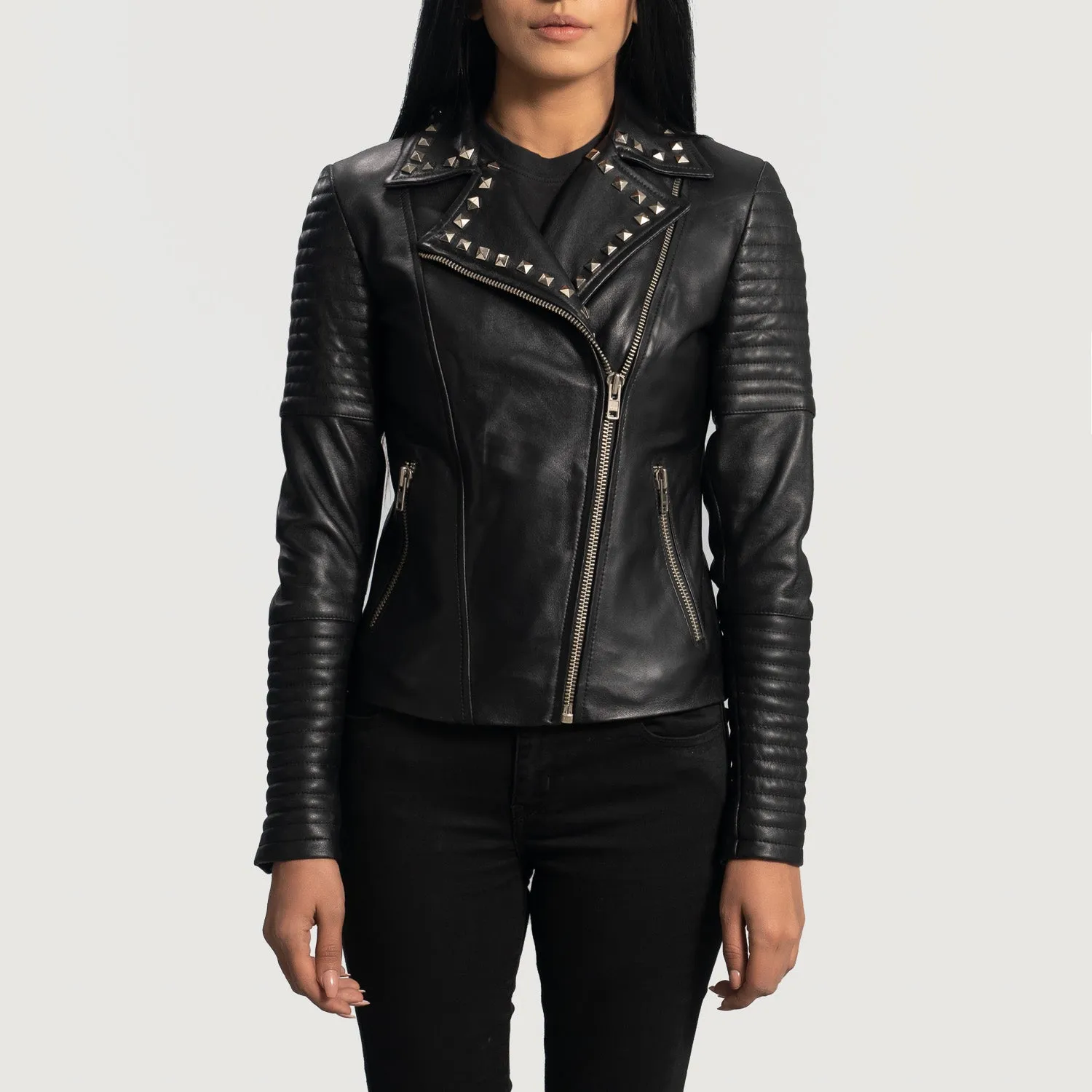 Sally Mae Studded Black Leather Biker Jacket-reviseleather