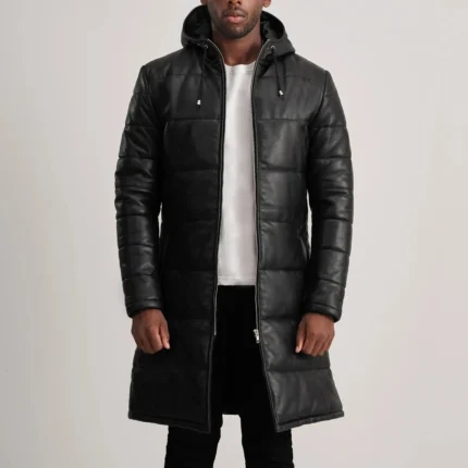Floyd Black Hooded Leather Puffer Coat-reviseleather