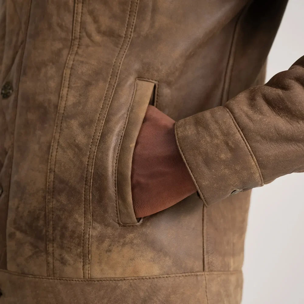 Dallis Distressed Brown Leather Shearling Trucker Jacket-reviseleather