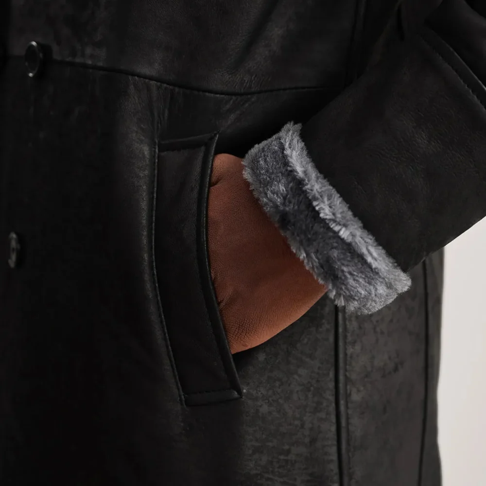 Charles Distressed Black Leather Shearling Double-Breasted Coat-reviseleather