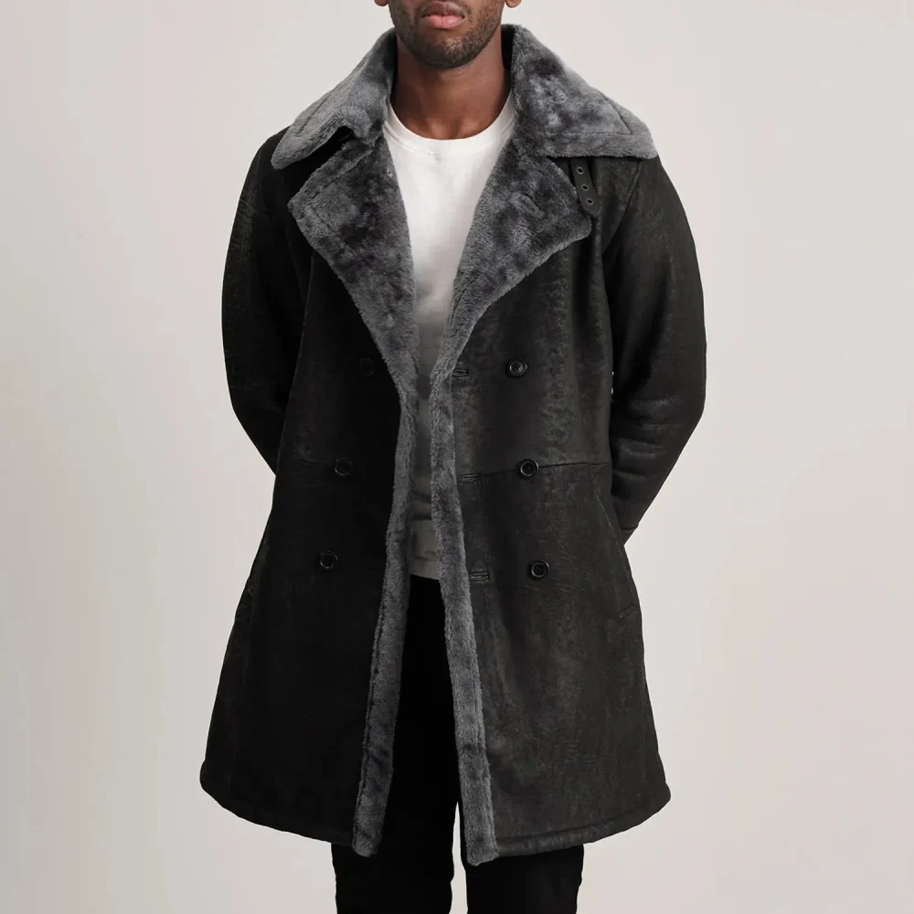 Charles Distressed Black Leather Shearling Double-Breasted Coat-reviseleather