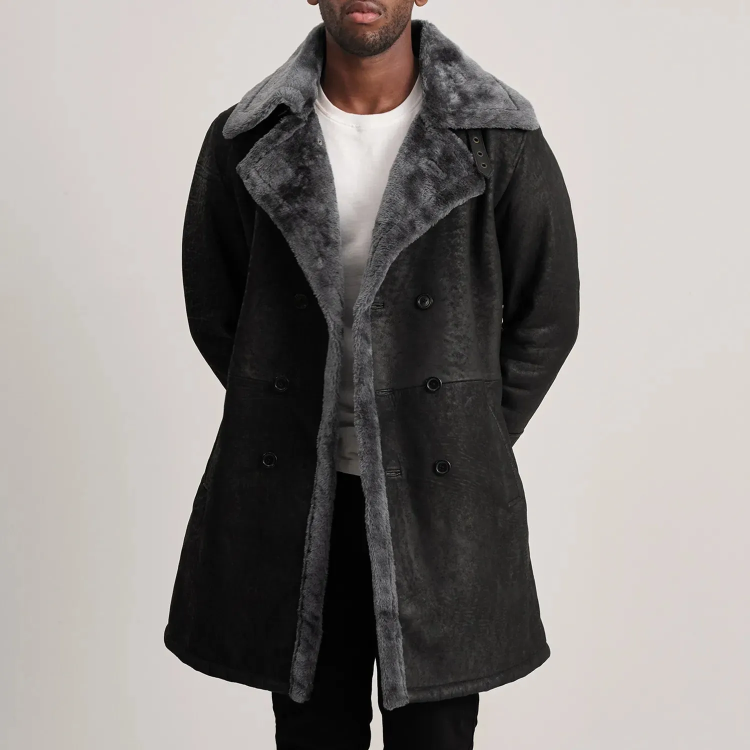 Charles Distressed Black Leather Shearling Double-Breasted Coat-reviseleather
