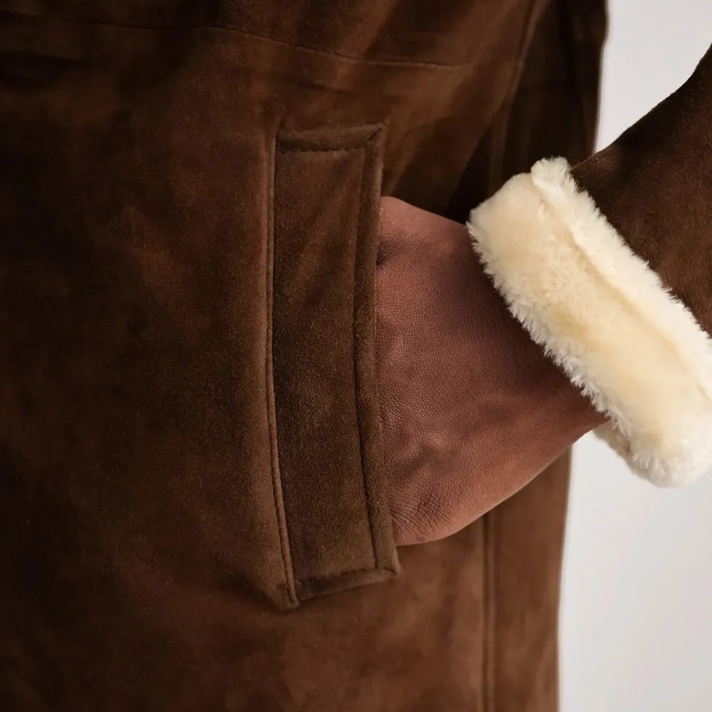 Charles Brown Suede Leather Shearling Double-Breasted Coat-reviseleather