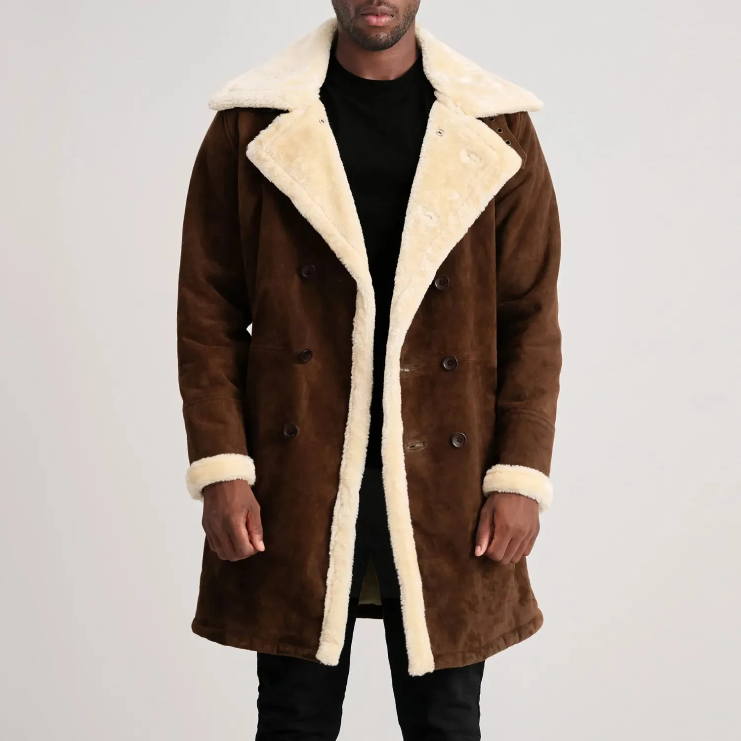 Charles Brown Suede Leather Shearling Double-Breasted Coat-reviseleather