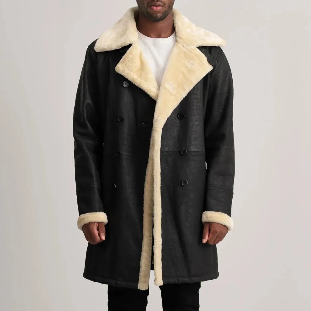 Charles Tumbled Black Leather Shearling Double-Breasted Coat-reviseleather