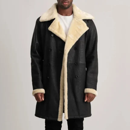 Charles Tumbled Black Leather Shearling Double-Breasted Coat-reviseleather