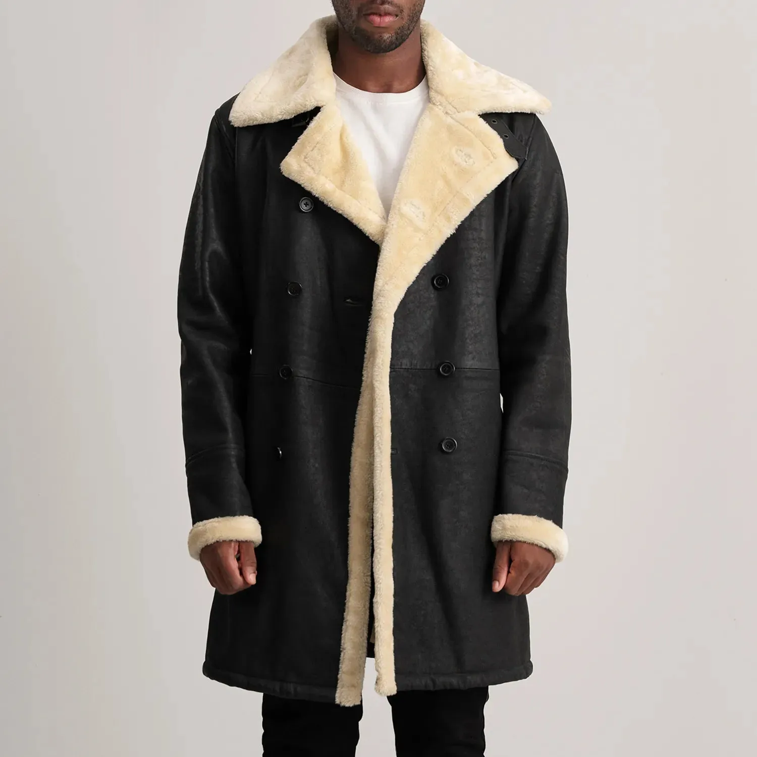 Charles Tumbled Black Leather Shearling Double-Breasted Coat-reviseleather
