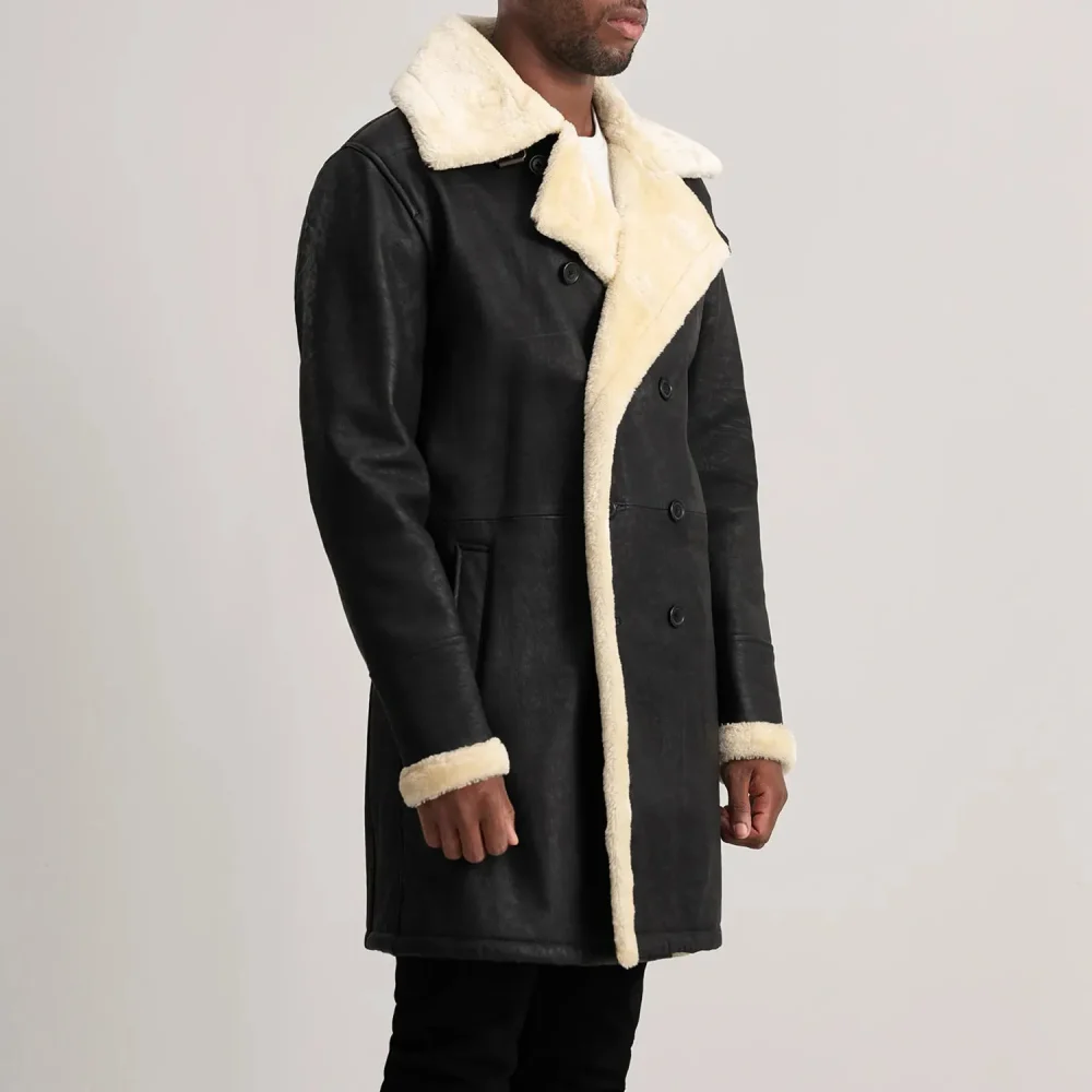 Charles Tumbled Black Leather Shearling Double-Breasted Coat-reviseleather