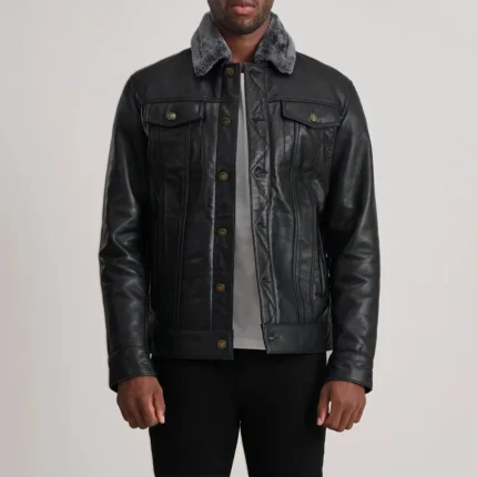Dallis Black Leather Shearling Trucker Jacket-reviseleather