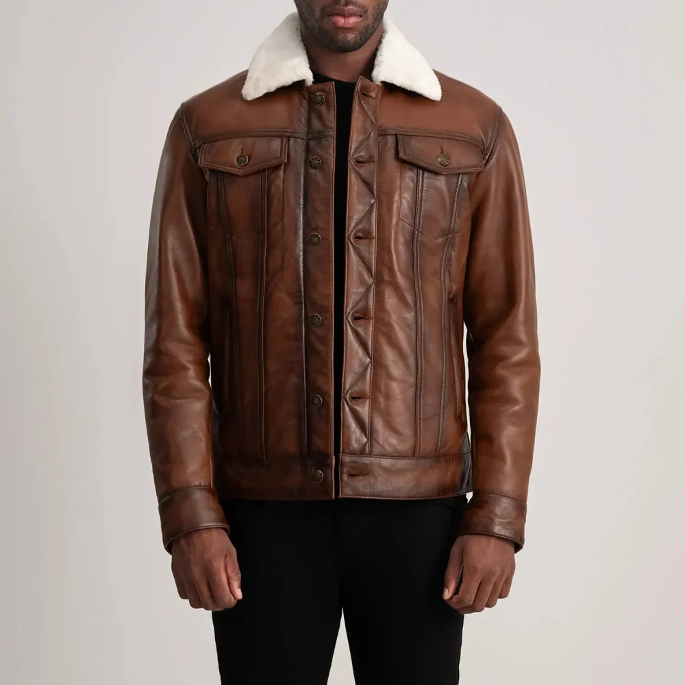 Dallis Brown Leather Shearling Trucker Jacket-reviseleather