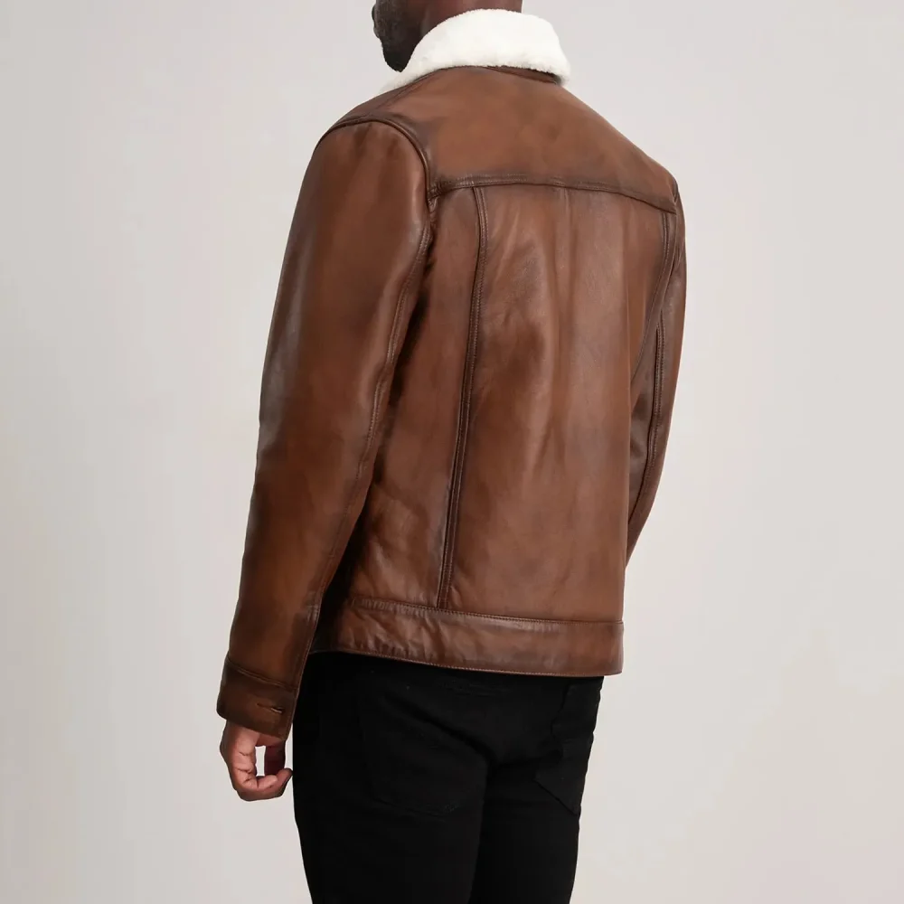 Dallis Brown Leather Shearling Trucker Jacket-reviseleather