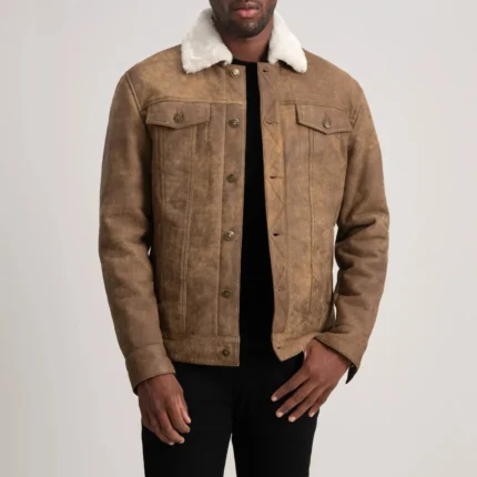Dallis Distressed Brown Leather Shearling Trucker Jacket-reviseleather