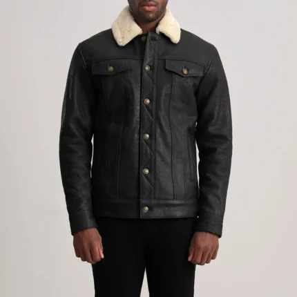 Dallis Distressed Black Leather Shearling Trucker Jacket-reviseleather