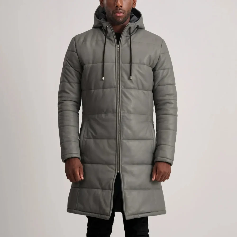 Floyd Grey Hooded Leather Puffer Coat-reviseleather