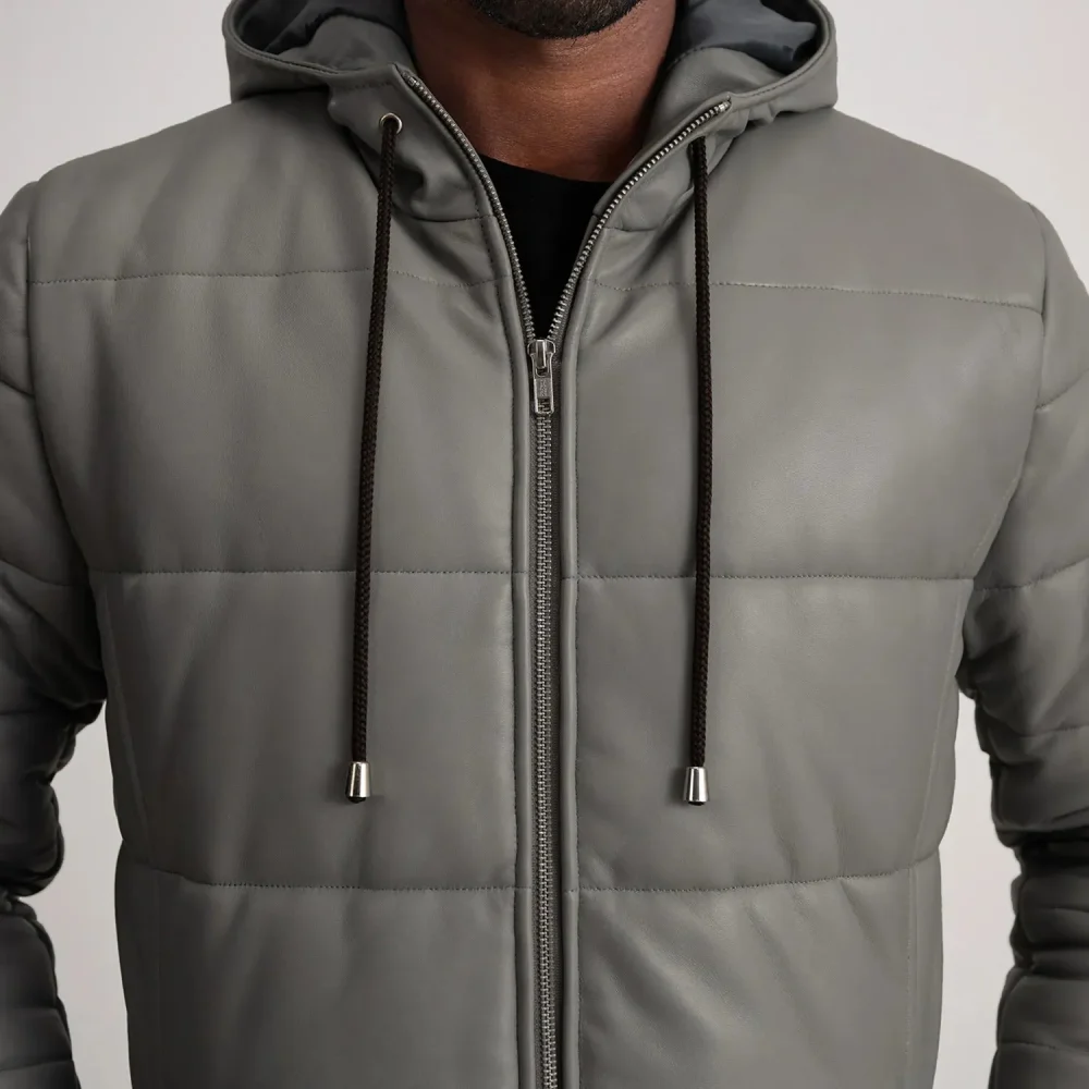 Floyd Grey Hooded Leather Puffer Coat-reviseleather
