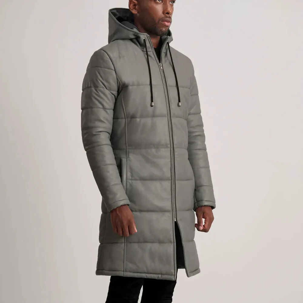 Floyd Grey Hooded Leather Puffer Coat-reviseleather