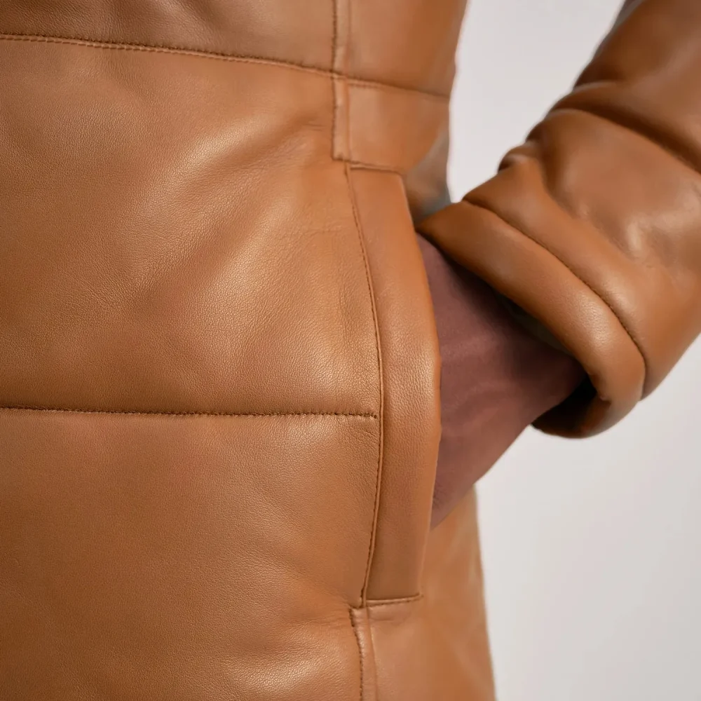 Floyd Tan Hooded Leather Puffer Coat-reviseleather