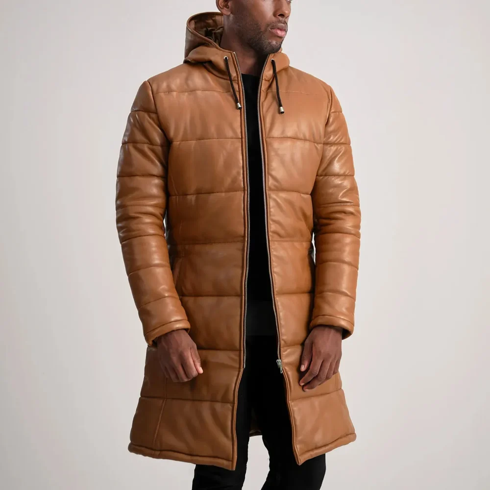 Floyd Tan Hooded Leather Puffer Coat-reviseleather