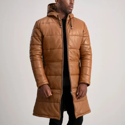 Floyd Tan Hooded Leather Puffer Coat-reviseleather