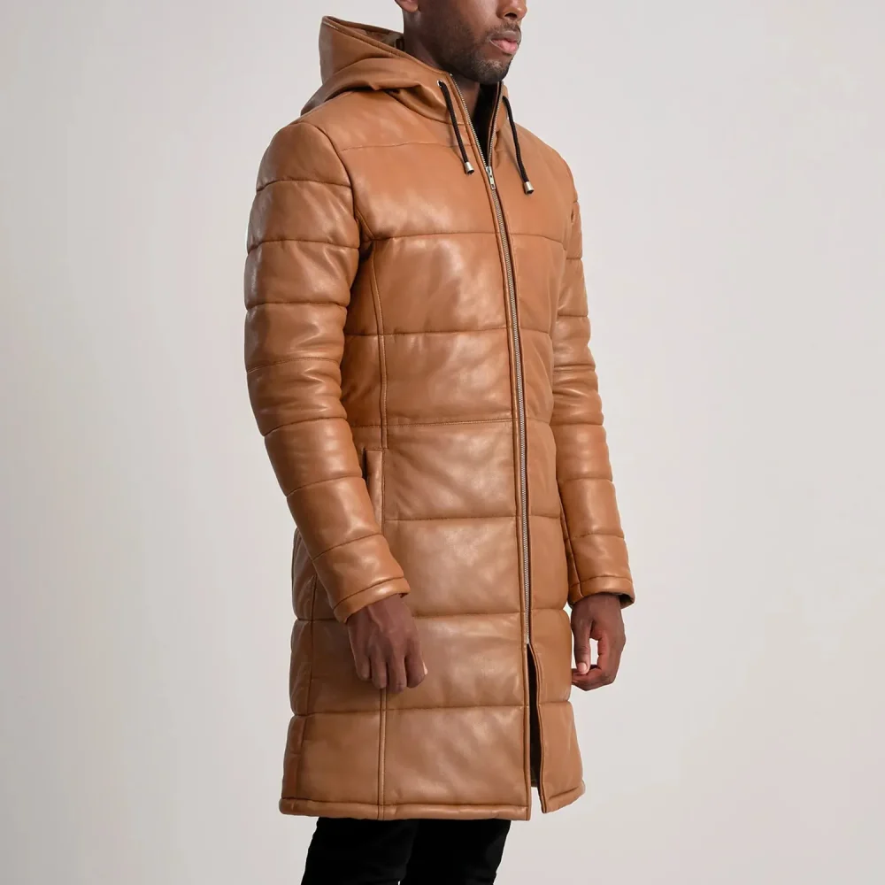 Floyd Tan Hooded Leather Puffer Coat-reviseleather