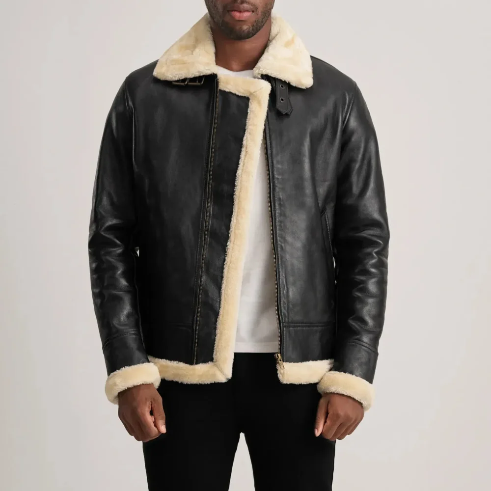 Francis B-3 Black & Cream Leather Bomber Jacket-reviseleather