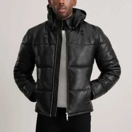 Gordon Black Hooded Leather Puffer Jacket-reviseleather