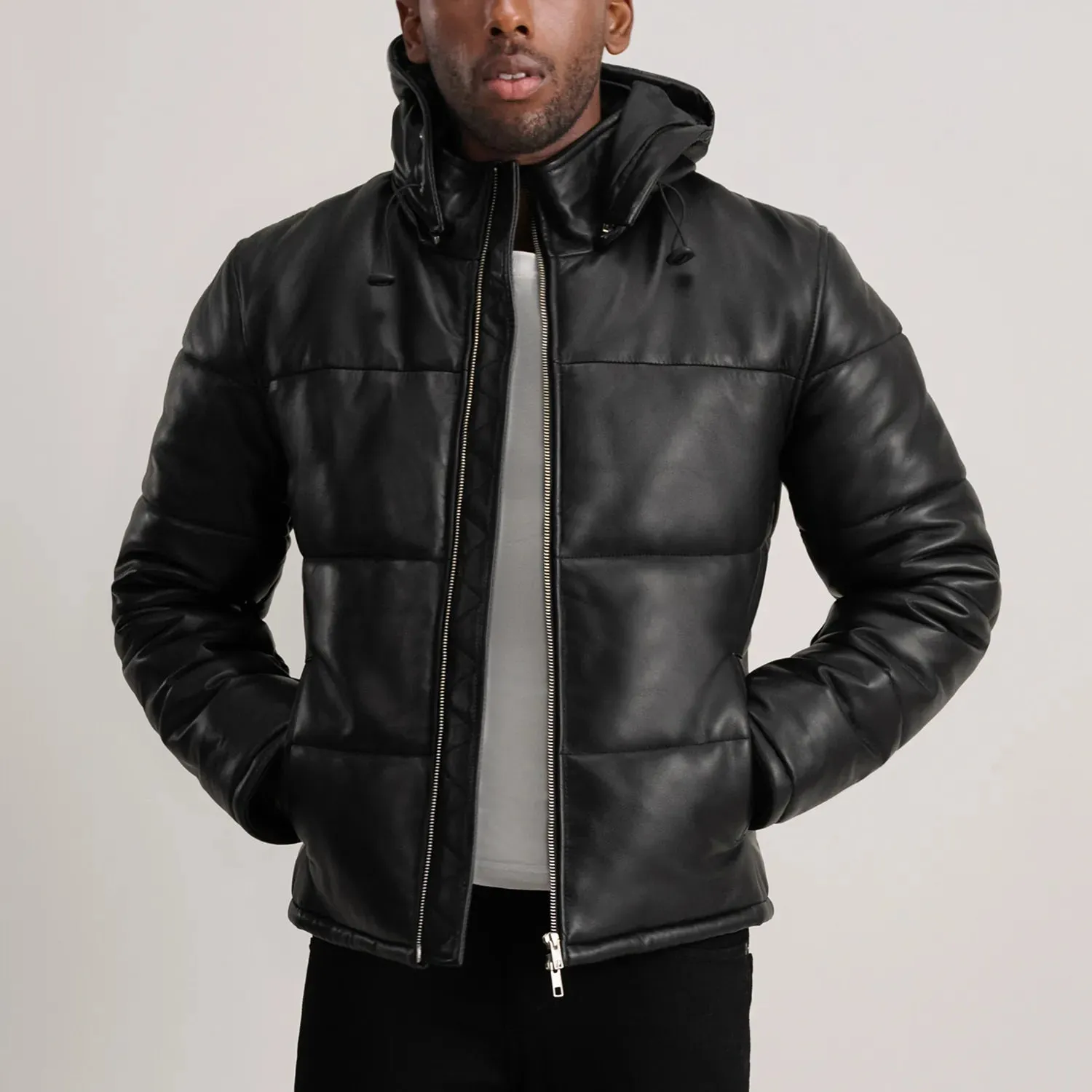 Gordon Black Hooded Leather Puffer Jacket-reviseleather
