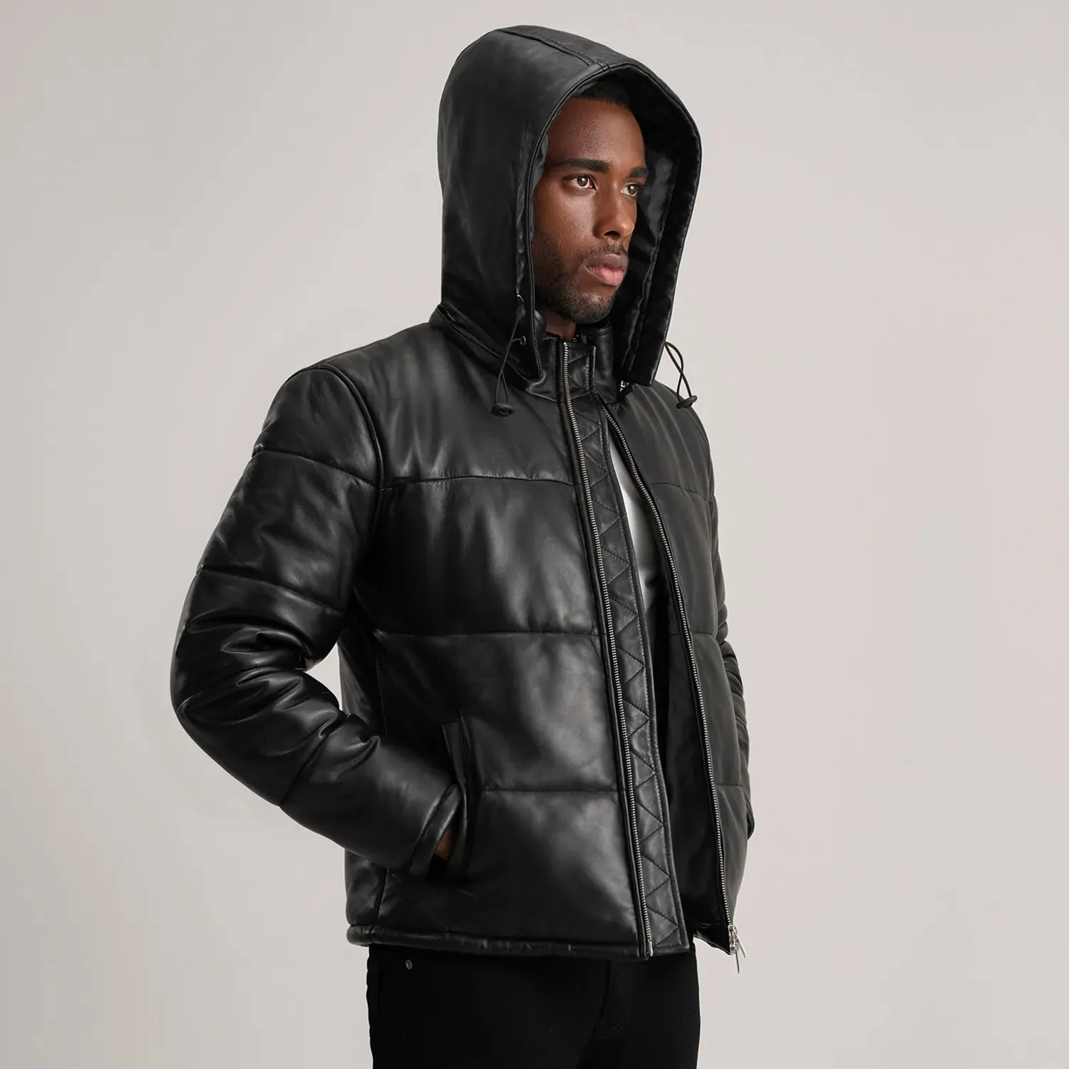 Gordon Black Hooded Leather Puffer Jacket-reviseleather