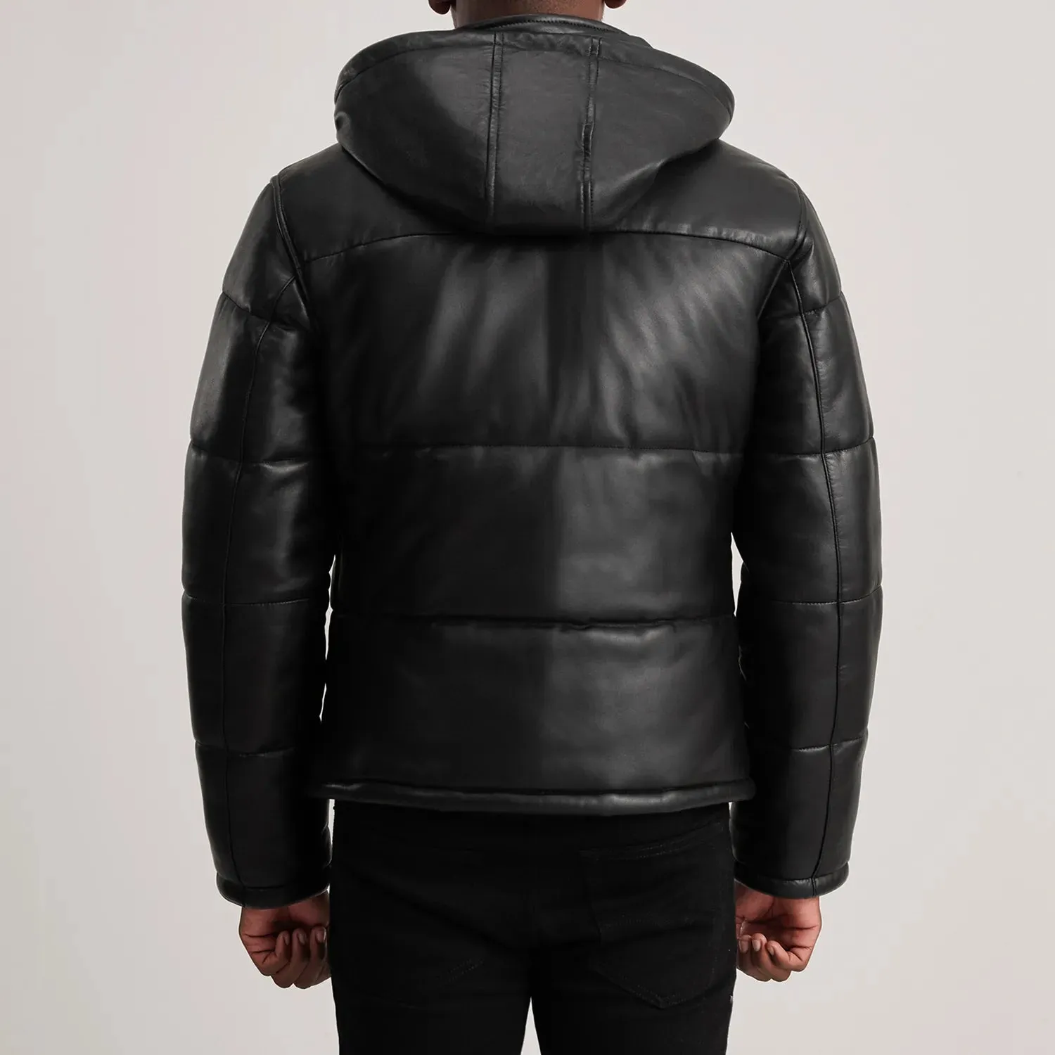 Gordon Black Hooded Leather Puffer Jacket-reviseleather