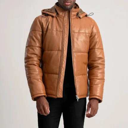 Gordon Tan Hooded Leather Puffer Jacket-reviseleather