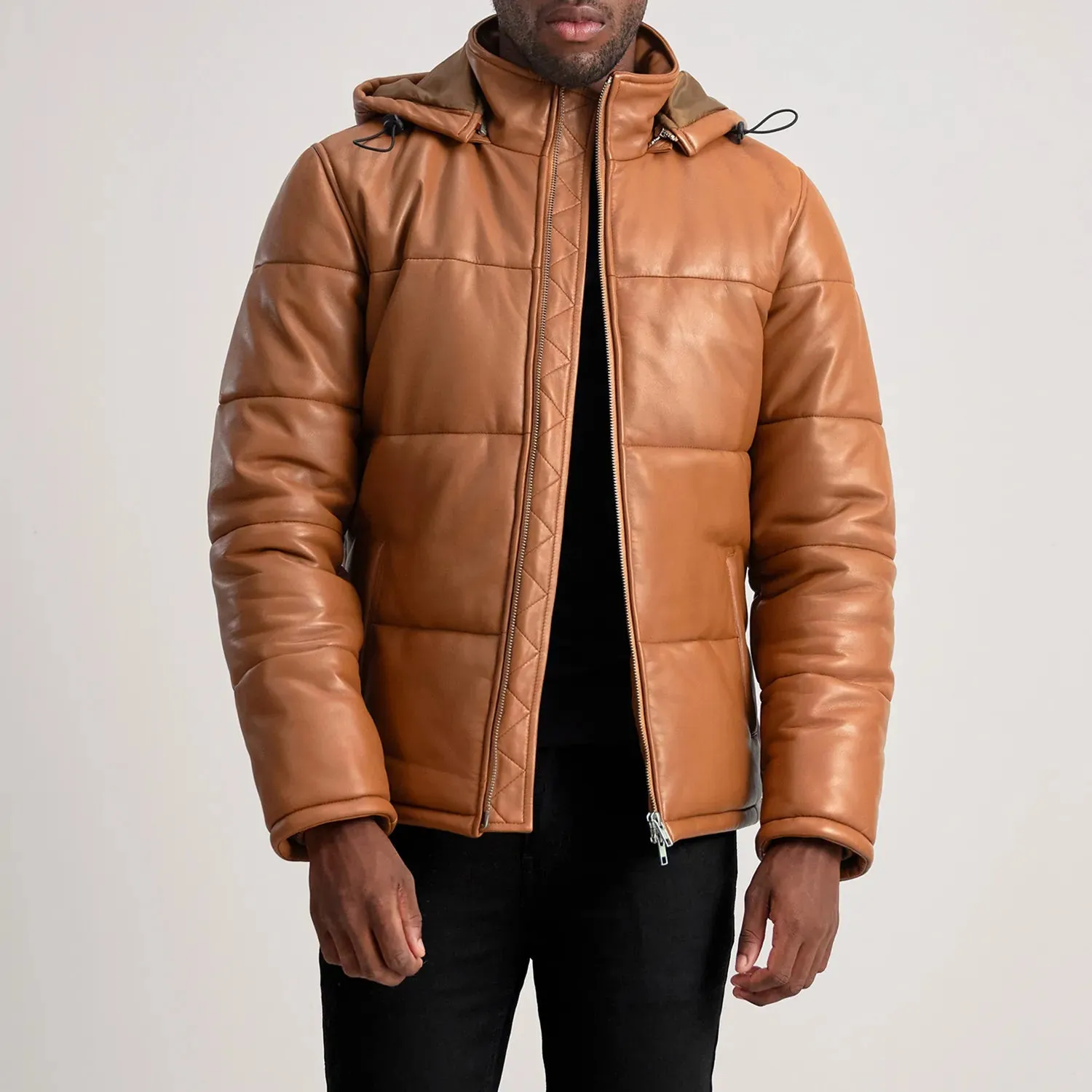 Gordon Tan Hooded Leather Puffer Jacket-reviseleather