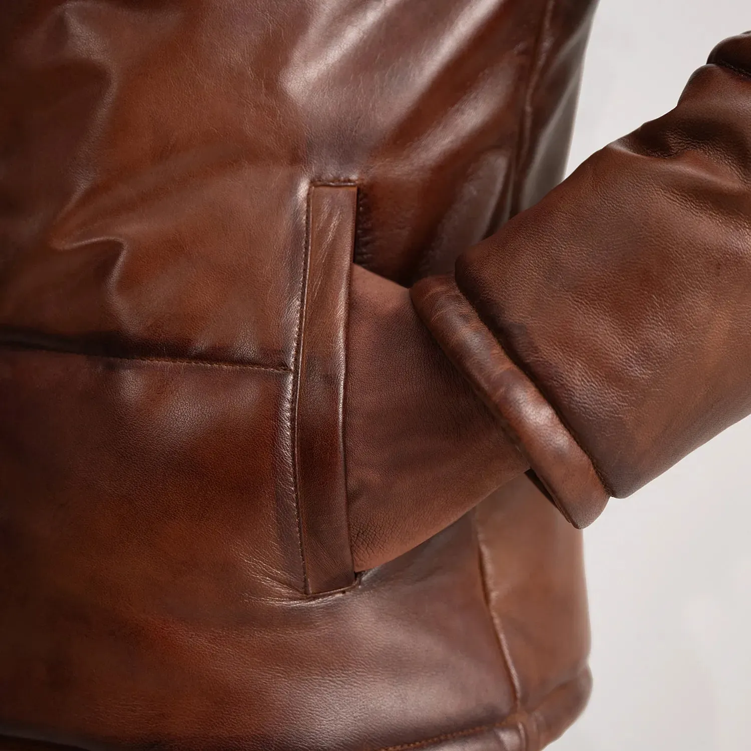 Gordon Waxed Brown Hooded Leather Puffer Jacket-reviseleather